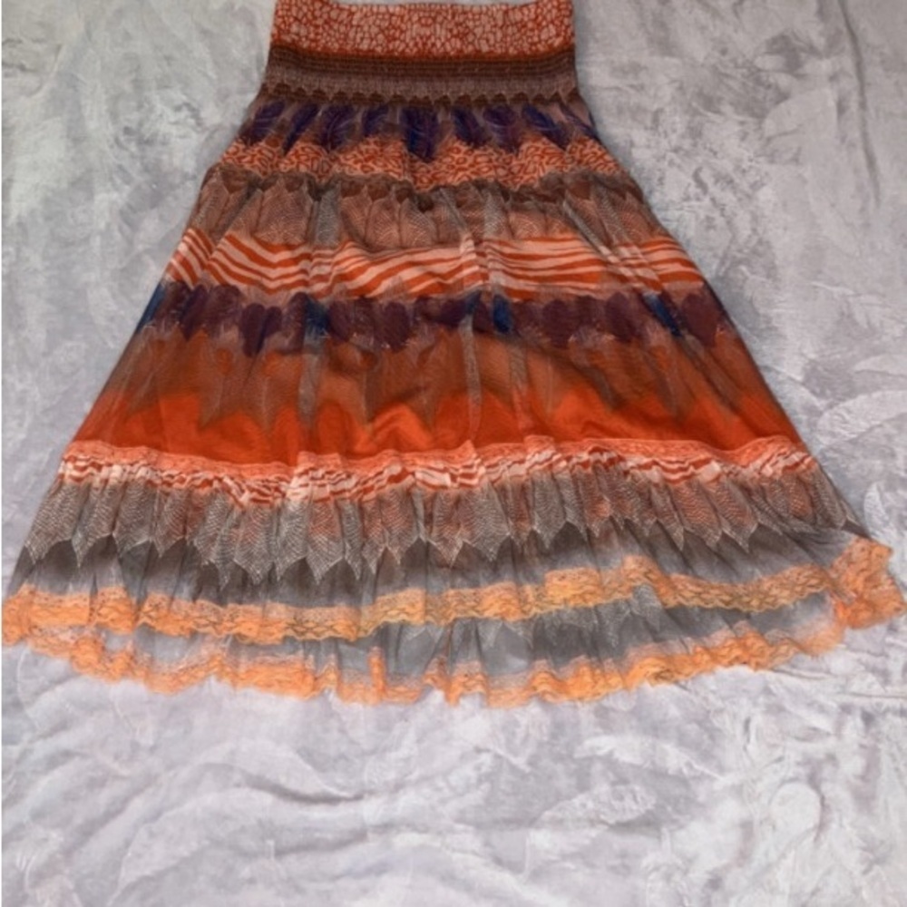 Lapis Orange & Blue Feather Midi Skirt